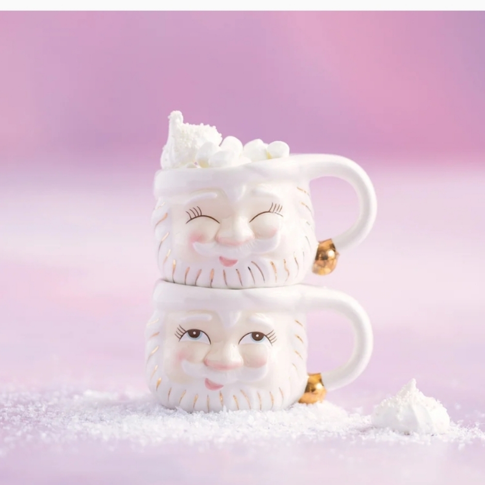 Glitterville Papa Noel Cream Mugs Set Of 2 New